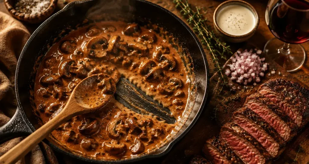 Sauce viande rouge champignon au vin rouge nappant le steak