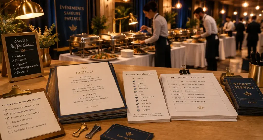 Traiteur evenementiel : table menus, buffet chaud et serveurs