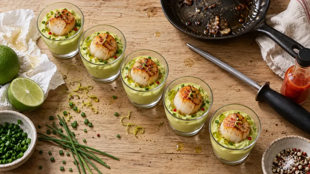 Verrine noix de saint jacques à l’avocat, chaud-froid, citron vert